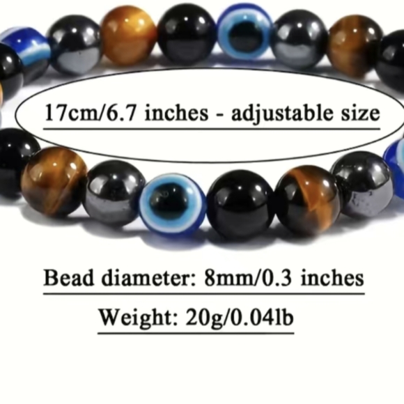 Hematite UNISEX Tiger Eye Evil Eye Stone Combination Triple Protection Bracelet - Picture 2 of 8